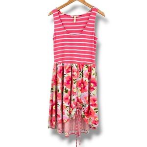 Matilda Jane Dress Floral Striped Sleeveless Hi-Lo Drawstring Casual M